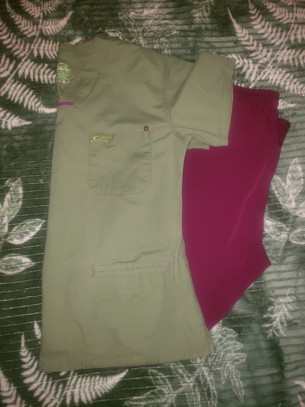 Olive Green Iguana Scrub Top with Burgundy Pants